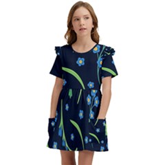 Abstract Wild Flower Dark Blue Background Blue Flowers Blossoms Flat Retro Seamless Pattern Daisy Kids  Frilly Sleeves Pocket Dress by Pakemis