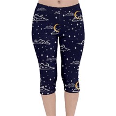 Hand Drawn Scratch Style Night Sky With Moon Cloud Space Among Stars Seamless Pattern Vector Design Velvet Capri Leggings  by Pakemis