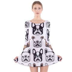 Dog French Bulldog Seamless Pattern Face Head Long Sleeve Velvet Skater Dress by Pakemis