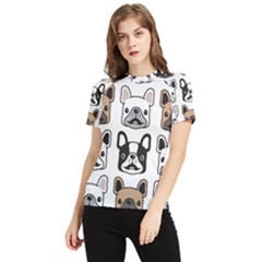 Dog French Bulldog Seamless Pattern Face Head Women s Short Sleeve Rash Guard by Pakemis