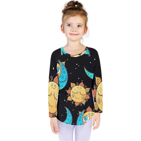 Seamless Pattern With Sun Moon Children Kids  Long Sleeve Tee by Pakemis