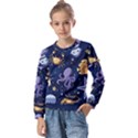 Marine Seamless Pattern Thin Line Memphis Style Kids  Long Sleeve Tee with Frill  View1