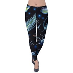 Colorful Abstract Pattern Consisting Glowing Lights Luminescent Images Marine Plankton Dark Backgrou Velvet Leggings by Pakemis