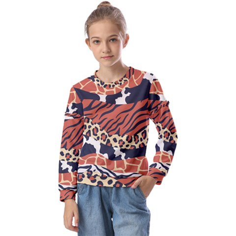 Mixed-animal-skin-print-safari-textures-mix-leopard-zebra-tiger-skins-patterns-luxury-animals-textur Kids  Long Sleeve Tee With Frill  by Pakemis