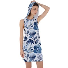 Indigo-watercolor-floral-seamless-pattern Racer Back Hoodie Dress by Pakemis