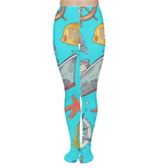 Colored-sketched-sea-elements-pattern-background-sea-life-animals-illustration Tights by Pakemis