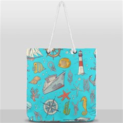 Colored-sketched-sea-elements-pattern-background-sea-life-animals-illustration Full Print Rope Handle Tote (large) by Pakemis