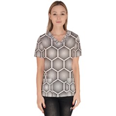 Halftone-tech-hexagons-seamless-pattern Women s V-neck Scrub Top by Pakemis