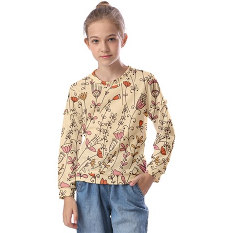 Seamless-pattern-with-different-flowers Kids  Long Sleeve Tee With Frill  by Pakemis