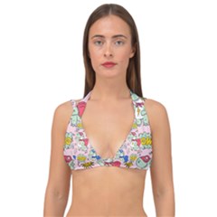 Seamless-pattern-with-many-funny-cute-superhero-dinosaurs-t-rex-mask-cloak-with-comics-style-inscrip Double Strap Halter Bikini Top by Pakemis