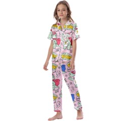 Seamless-pattern-with-many-funny-cute-superhero-dinosaurs-t-rex-mask-cloak-with-comics-style-inscrip Kids  Satin Short Sleeve Pajamas Set by Pakemis