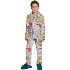 Seamless-pattern-with-many-funny-cute-superhero-dinosaurs-t-rex-mask-cloak-with-comics-style-inscrip Kids  Long Sleeve Velvet Pajamas Set by Pakemis