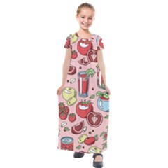 Tomato-seamless-pattern-juicy-tomatoes-food-sauce-ketchup-soup-paste-with-fresh-red-vegetables-backd Kids  Short Sleeve Maxi Dress by Pakemis