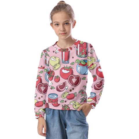 Tomato-seamless-pattern-juicy-tomatoes-food-sauce-ketchup-soup-paste-with-fresh-red-vegetables-backd Kids  Long Sleeve Tee With Frill  by Pakemis