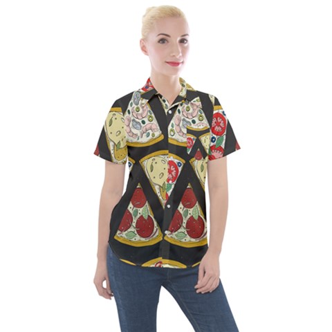 Vector-seamless-pattern-with-italian-pizza-top-view Women s Short Sleeve Pocket Shirt by Pakemis