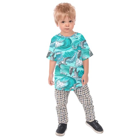 Sea-waves-seamless-pattern Kids  Raglan Tee by Pakemis