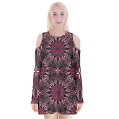 Seamless-pattern-with-flowers-oriental-style-mandala Velvet Long Sleeve Shoulder Cutout Dress by Pakemis