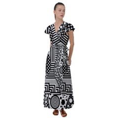 Black And White Flutter Sleeve Maxi Dress by gasi