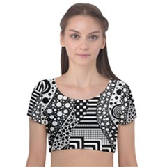 Black And White Velvet Short Sleeve Crop Top  by gasi