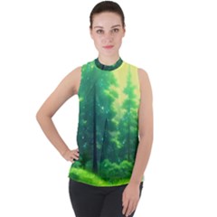 Anime Forrest Nature Fantasy Sunset Trees Woods Mock Neck Chiffon Sleeveless Top by Uceng