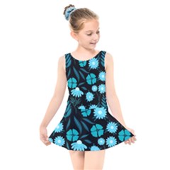 Flower Nature Blue Black Art Pattern Floral Kids  Skater Dress Swimsuit by Uceng