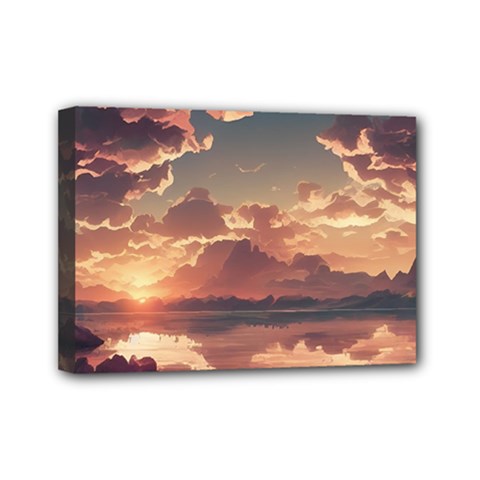 Sunset River Sky Clouds Nature Nostalgic Mountain Mini Canvas 7  X 5  (stretched) by Uceng