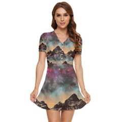 Mountain Space Galaxy Stars Universe Astronomy V-neck High Waist Chiffon Mini Dress by Uceng