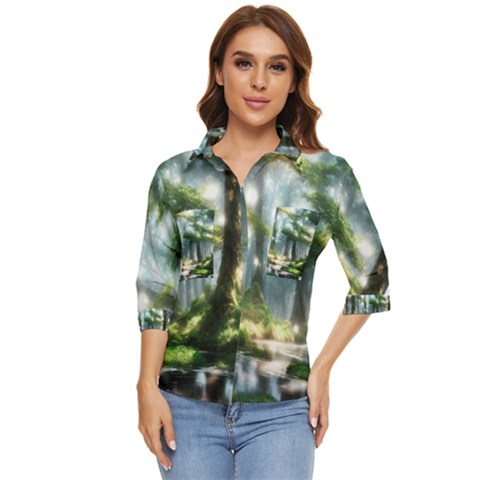 Forest Wood Nature Lake Swamp Water Trees Women s Quarter Sleeve Pocket Shirt by Uceng