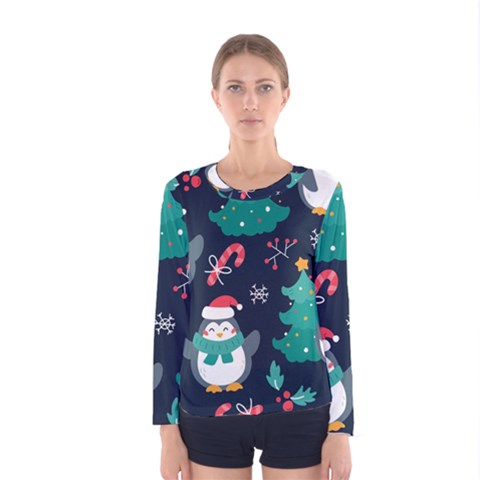 Colorful Funny Christmas Pattern Women s Long Sleeve Tee by Uceng