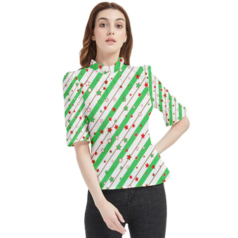 Christmas Paper Stars Pattern Texture Background Colorful Colors Seamless Frill Neck Blouse by Uceng