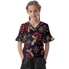 Christmas Pattern With Snowflakes Berries Kids  V-neck Horn Sleeve Blouse by Uceng