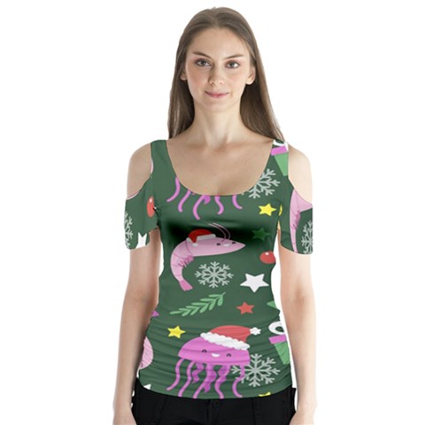 Dinosaur Colorful Funny Christmas Pattern Butterfly Sleeve Cutout Tee  by Uceng