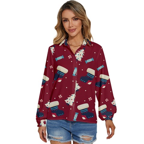 Flat Design Christmas Pattern Collection Art Women s Long Sleeve Button Down Shirt by Uceng