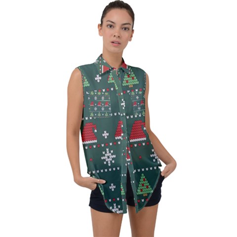 Beautiful Knitted Christmas Pattern Sleeveless Chiffon Button Shirt by Uceng