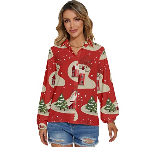 Christmas New Year Seamless Pattern Women s Long Sleeve Button Down Shirt by Uceng