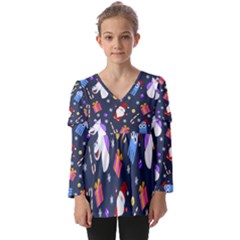 Colorful Funny Christmas Pattern Kids  V Neck Casual Top by Uceng