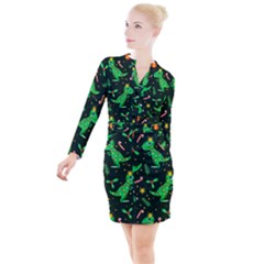 Christmas Funny Pattern Dinosaurs Button Long Sleeve Dress by Uceng