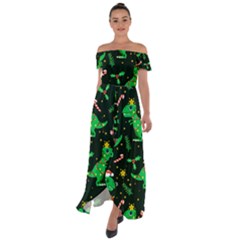 Christmas Funny Pattern Dinosaurs Off Shoulder Open Front Chiffon Dress by Uceng