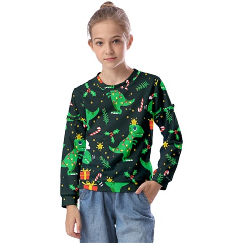 Christmas Funny Pattern Dinosaurs Kids  Long Sleeve Tee With Frill  by Uceng