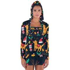 Funny Christmas Pattern Background Long Sleeve Hooded T-shirt by Uceng