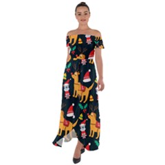 Funny Christmas Pattern Background Off Shoulder Open Front Chiffon Dress by Uceng