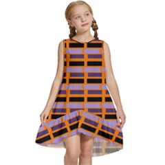 Purple And Black Rectangles Orange Kids  Frill Swing Dress by FunDressesShop