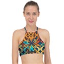 Orange, turquoise and blue pattern  Racer Front Bikini Top View1