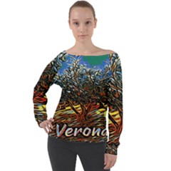 Colorful Verona Olive Tree Off Shoulder Long Sleeve Velour Top by ConteMonfrey