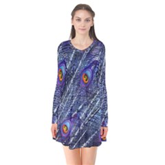 Peacock-feathers-color-plumage Blue Long Sleeve V-neck Flare Dress by danenraven