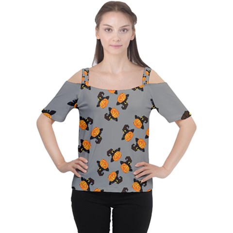 Pumpkin Heads With Hat Gray Cutout Shoulder Tee by TetiBright