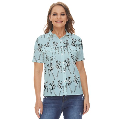 Jogging Lady On Blue Women s Short Sleeve Double Pocket Shirt by TetiBright