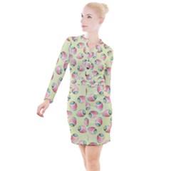 Colorful Easter Eggs Pattern Green Button Long Sleeve Dress by TetiBright