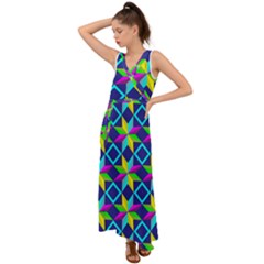 Colorful Stars Pattern                                                                       V-neck Chiffon Maxi Dress by LalyLauraFLM