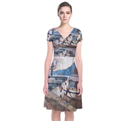 Boats On Gardasee, Italy  Short Sleeve Front Wrap Dress by ConteMonfrey